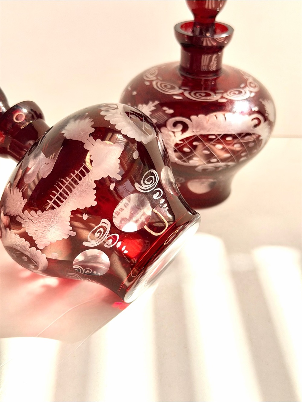Egermann Ruby Cut To Clear Bohemian CZECH ART GLASS Bottles w/ Stoppers Set of 2 - Picture 14 of 16